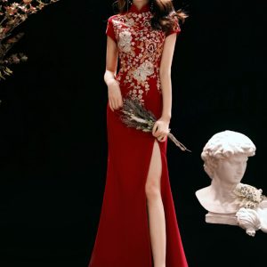 Fishtail Chinese Cheongsam Toast Dress Bride Wine Red Summer Long Wedding Qipao Dress Women Mermaid Tail Dress Mandarin Collar