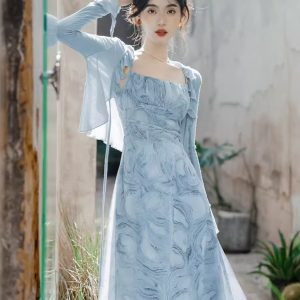 Modern Chinese Hanfu, Chinese Dress，Blue Suspender Dress,Beach Dress,vacation style