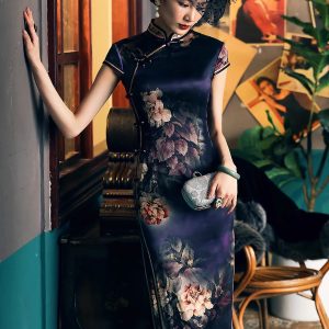 Mulberry silk Qipao , Floral Pattern, Old Shanghai,Purple cheongsam mother evening dress