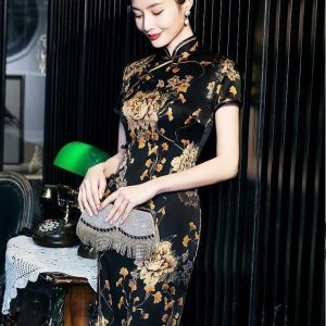 Women's Floral Silk Cheongsam Maxi Dress Sexy Long Split Chinese Qipao Slim Evening Party Dress