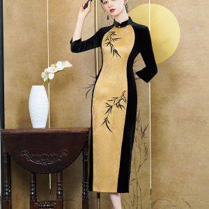 Floral Pattern, Velvet Black,Cheongsam for mother