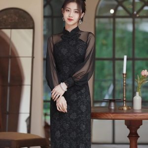 New Chinese style improved cheongsam, summer short, retro and beautiful, daily street black skirt Qipao Dress