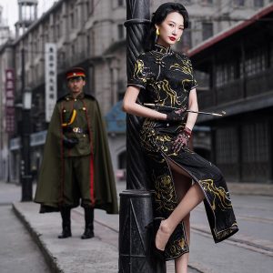 Shanghai Story Long Cheongam Dress Black Qipao Chinese Style Dress