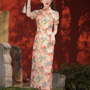 Vintage Floral Print Midi Cheongsam Qipao Dress Mandarin Collar Keyhole Short Sleeve Chinese Style Party Dress